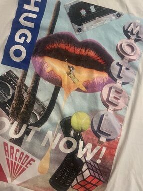 HUGO White Tee with Multicolor Lip & Retro Graphic